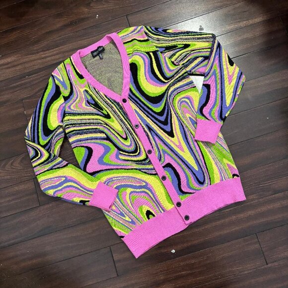 CURRENT MOOD Neon Swirl Groovy Retro Trippy Cardigan Button Front Sweater SZ M - Picture 1 of 11